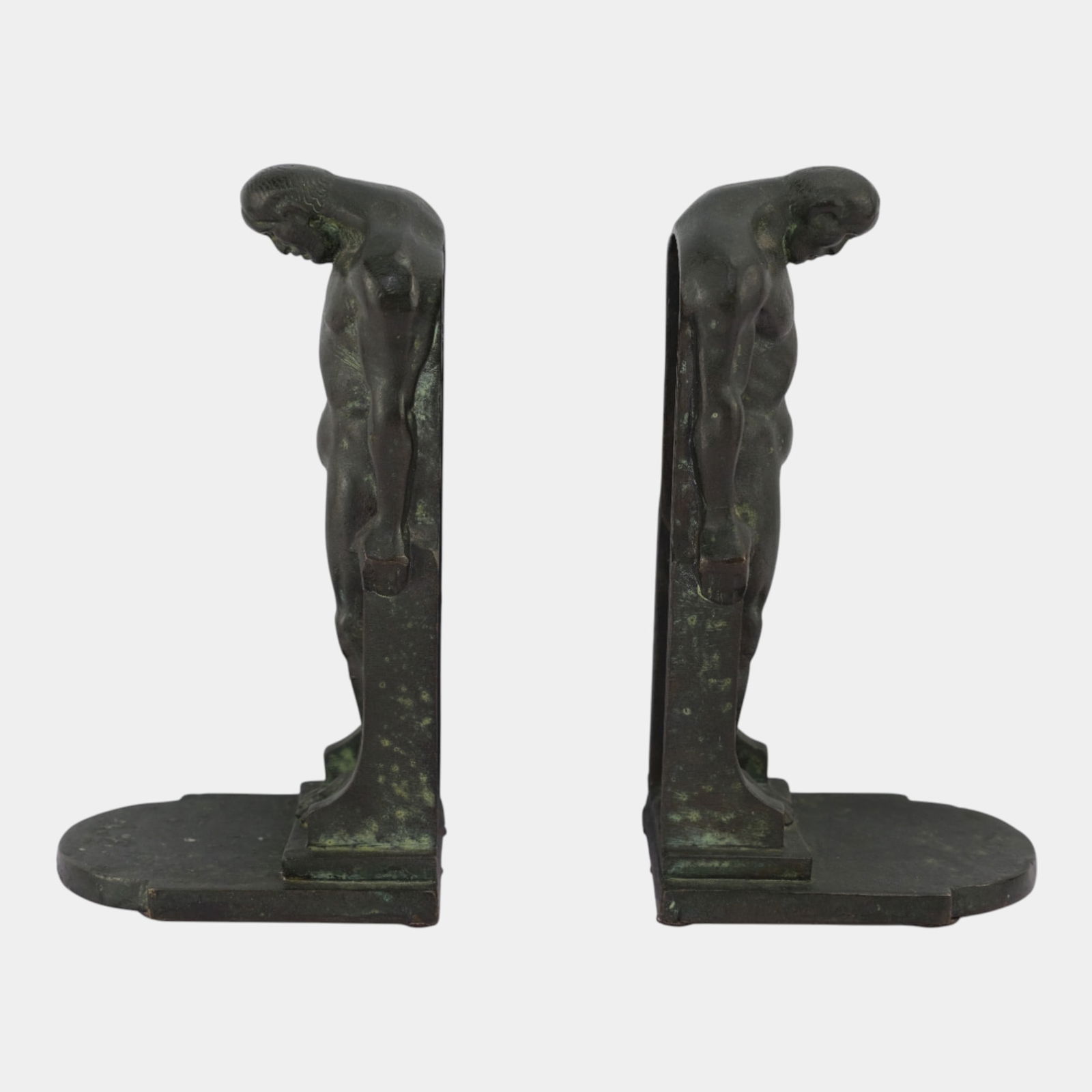 Oscar Bach 1922 Art Deco Patinated Bronze Male Nude "Sentinel Men" Bookend Pair: Oscar Bach 1922 Art Deco Patinated Bronze Male Nude "Sentinel Men" Bookend Pair 1922 Oscar Bach heavy bronze male nude figures originally titled "Sentinel Men" (PAIR) Bookends. Vintage, in the same Fr