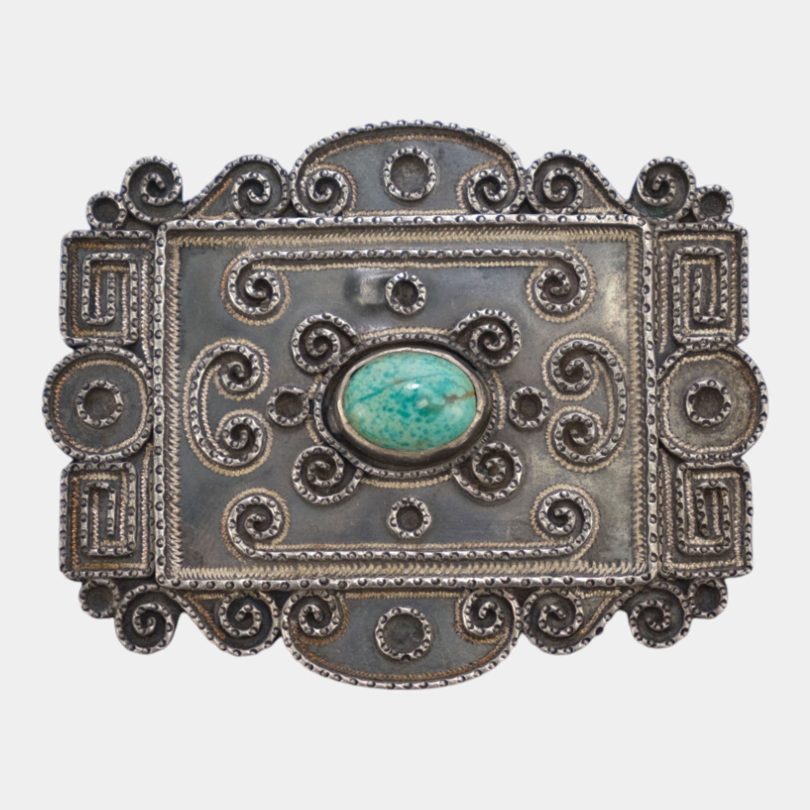 Casa Prieto Mexican Sterling Silver Filigree Scrollwork & Oval Turquoise Brooch (1 of 4)