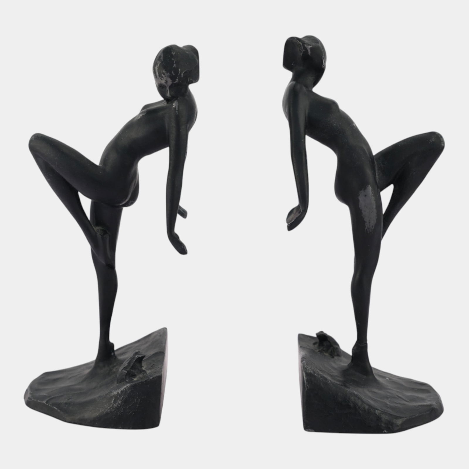 Frankart 1920-1930s Art Deco Stylized Nude Dancers With Frog on Base Bookends: Frankart 1920-1930s Art Deco Stylized Nude Dancers With Frog on Base Bookends Pair of Frankart Art Deco bookends, American. Stylized nude female dancers in dramatic, forward-leaning poses. Cast metal