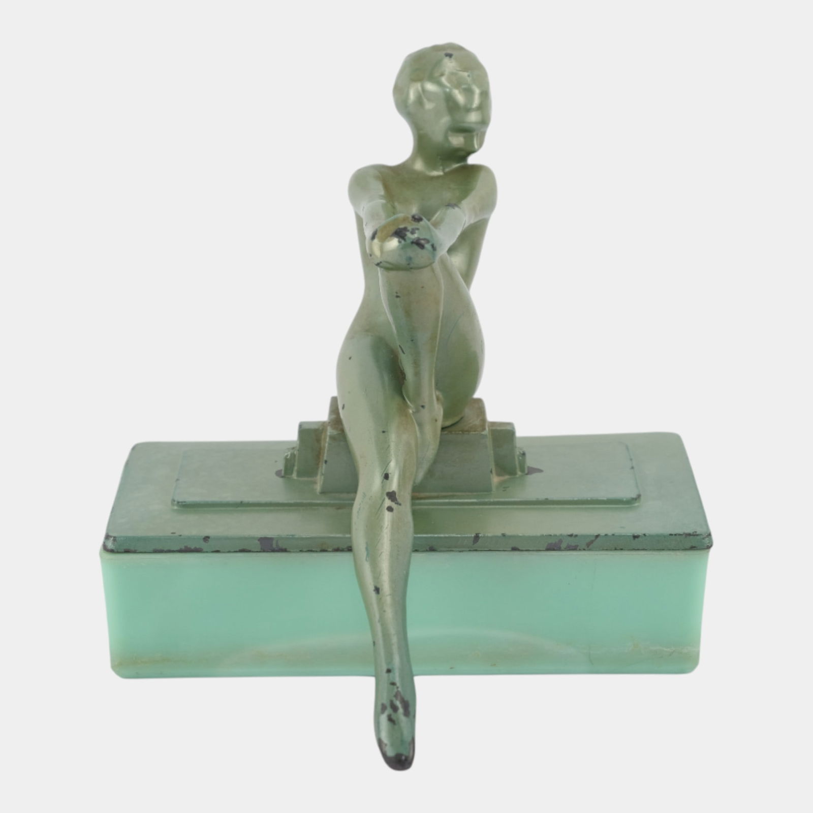 Frankart 1920s Art Deco Nude Light Metallic Green Jadeite Glass Cigarette Box: Frankart 1920s Art Deco Nude Light Metallic Green Jadeite Glass Cigarette Box Frankart T337 / T-337 original Nude and finish of Light Metallic Green sits atop a Jadeite Glass 3-Compartment Cigarette B