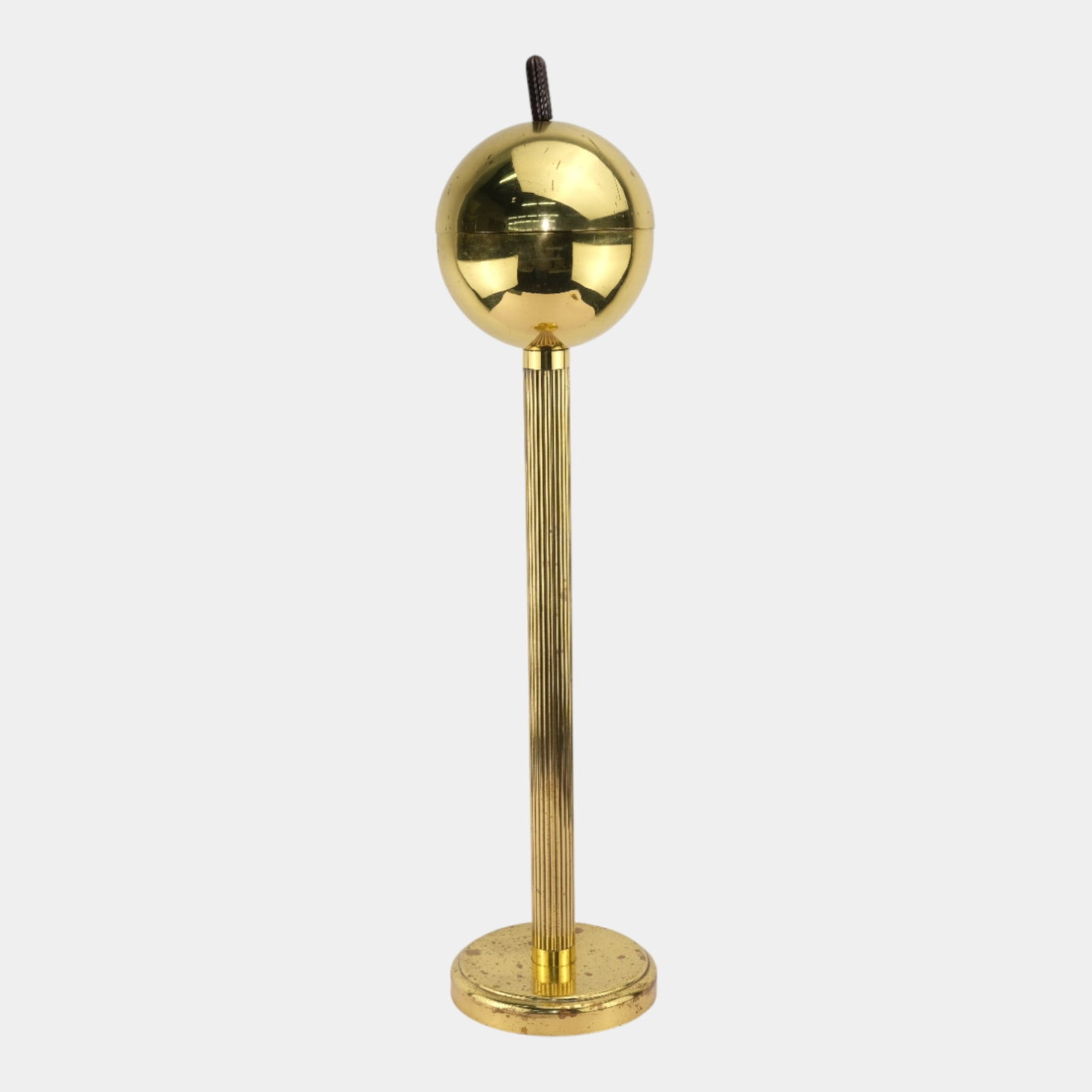 Walter Von Nessen For Chase 1930s Art Deco Gold Tone Stratosphere Floor Ashtray: Walter Von Nessen For Chase 1930s Art Deco Gold Tone Stratosphere Floor Ashtray Chase Stratosphere floor ashtray by Von Nessen model #17076. Polished Brass complete with inisde sphere holder, cigarett