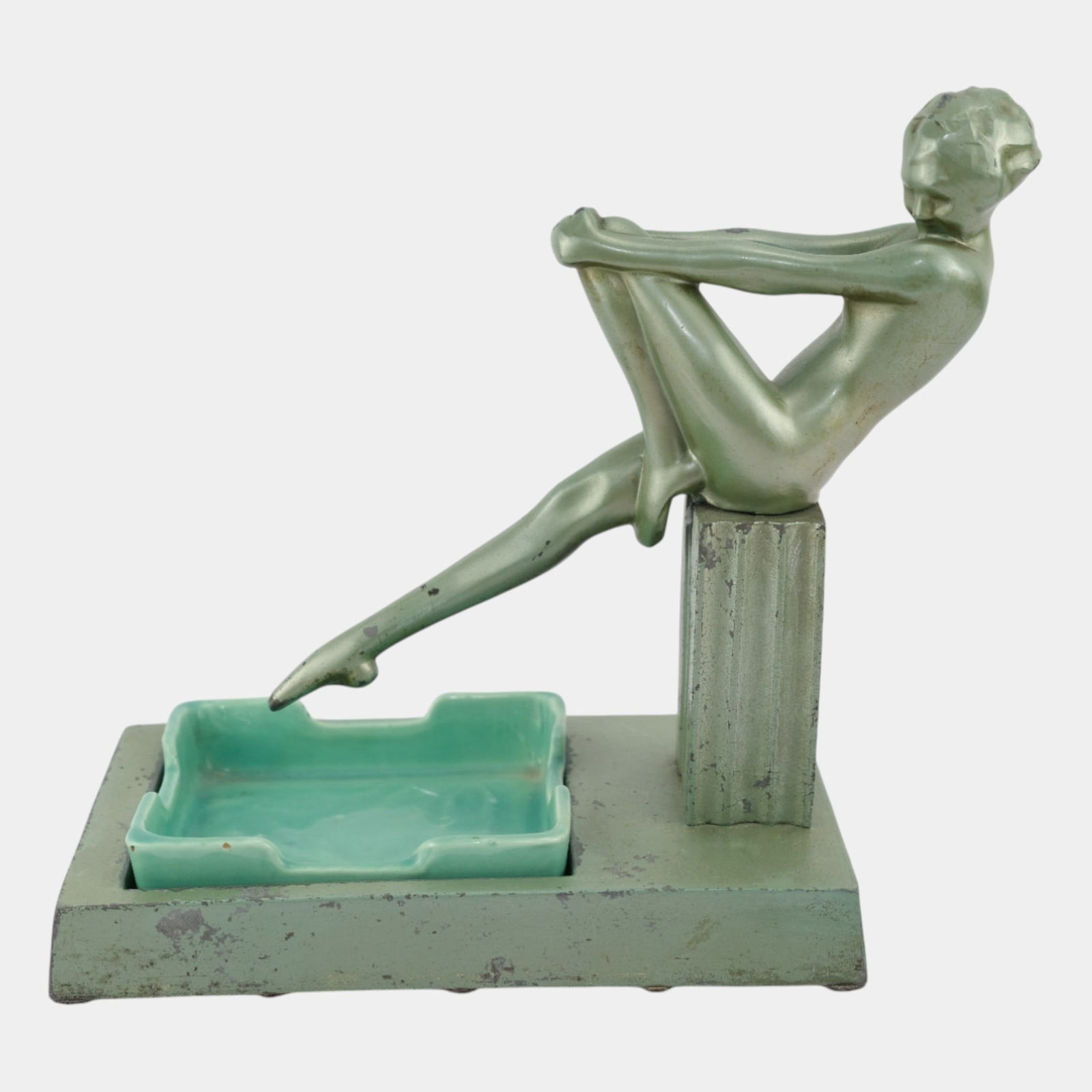 Frankart 1920s Art Deco Girl & Original Green Pottery Insert Figural Ashtray: Frankart 1920s Art Deco Girl & Original Green Pottery Insert Figural Ashtray Frankart Ashtray Girl w/original square green pottery insert, Shape # T-339 / T339, A graceful Nude sits guard over a potte