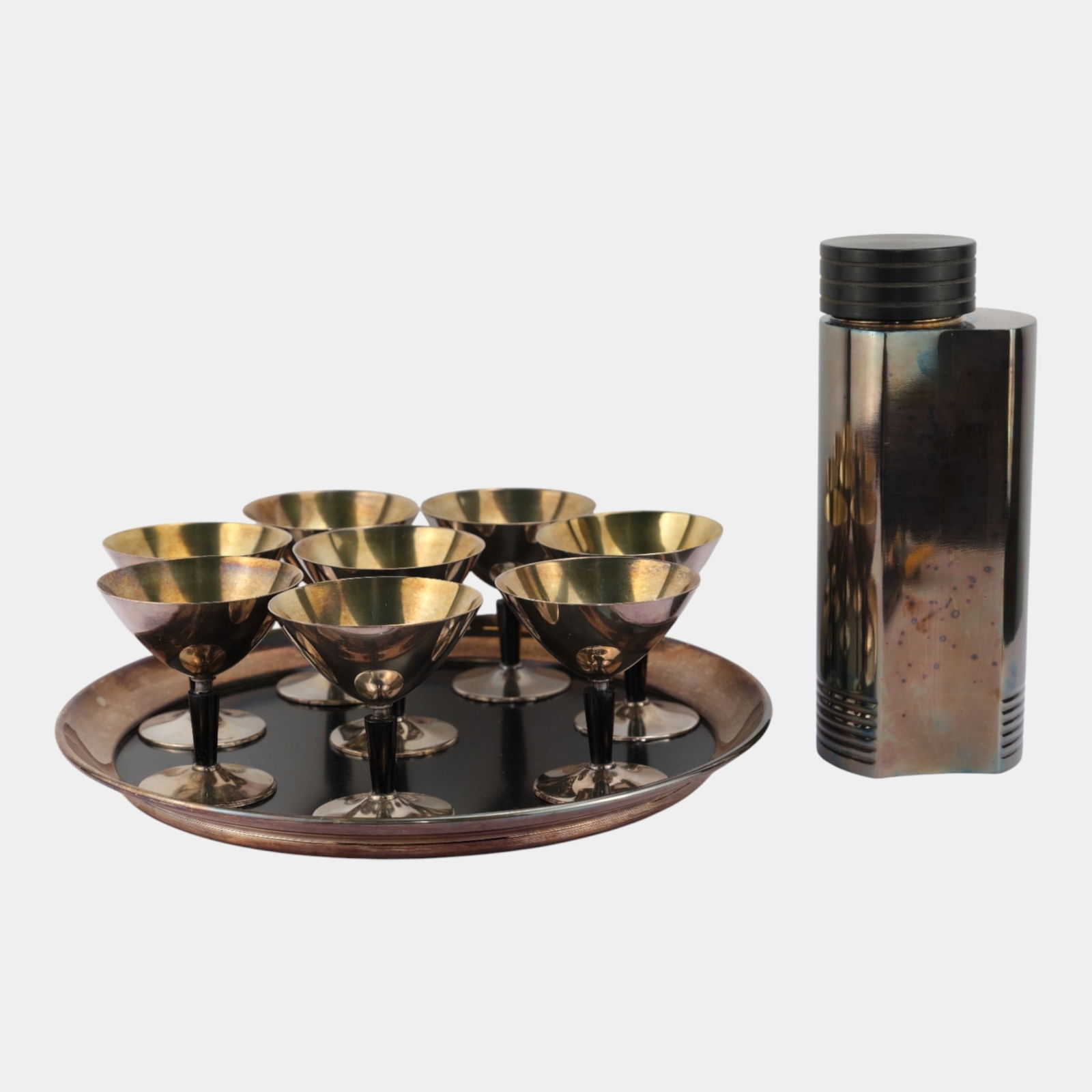 Folke Arstrom For GAB 1930s Swedish 1930's Deco Modernist 10pc Cocktail Set: Folke Arstrom For GAB 1930s Swedish 1930's Deco Modernist 10pc Cocktail Set Vintage Swedish 1930's Deco Modernist Folke Arstrom for GAB Cocktail Shaker (see UK impressed marks) nickel-plated. Manufact