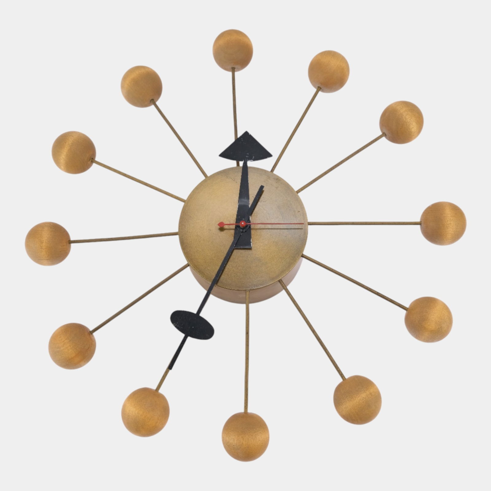 George Nelson For Herman Miller 1950s MCM Brass & Wood Atomic Ball Clock: George Nelson For Herman Miller 1950s MCM Brass & Wood Atomic Ball Clock Herman-Miller George Nelson designed Atomic Ball Clock / wall mount matching dark stained Ball Hour Markers. More scarce than t