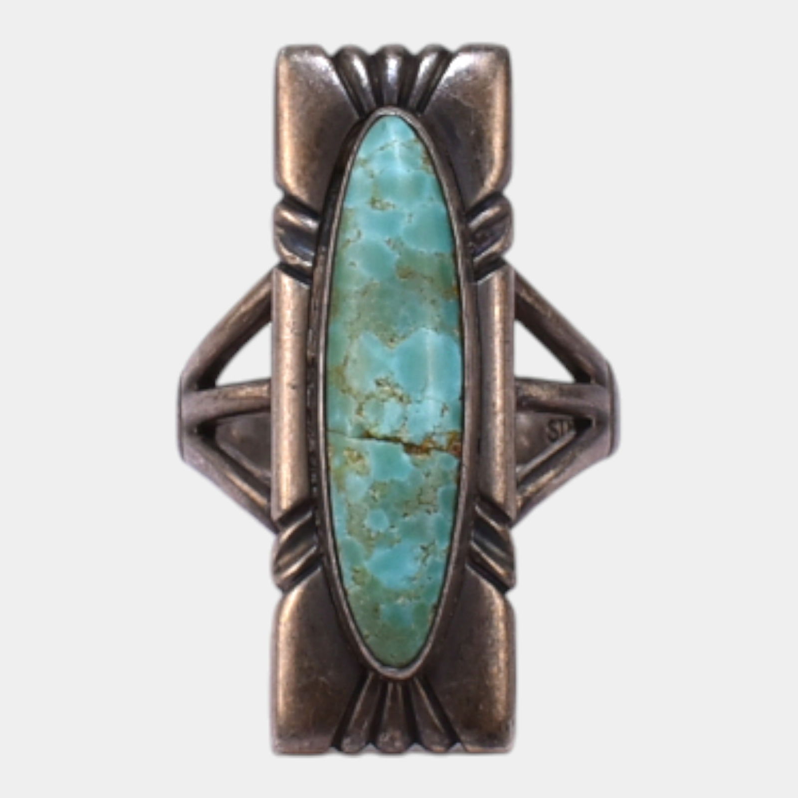 Native American Sterling Silver Turquoise Long Oval Mid Century Ring Size 7.75 (1 of 4)