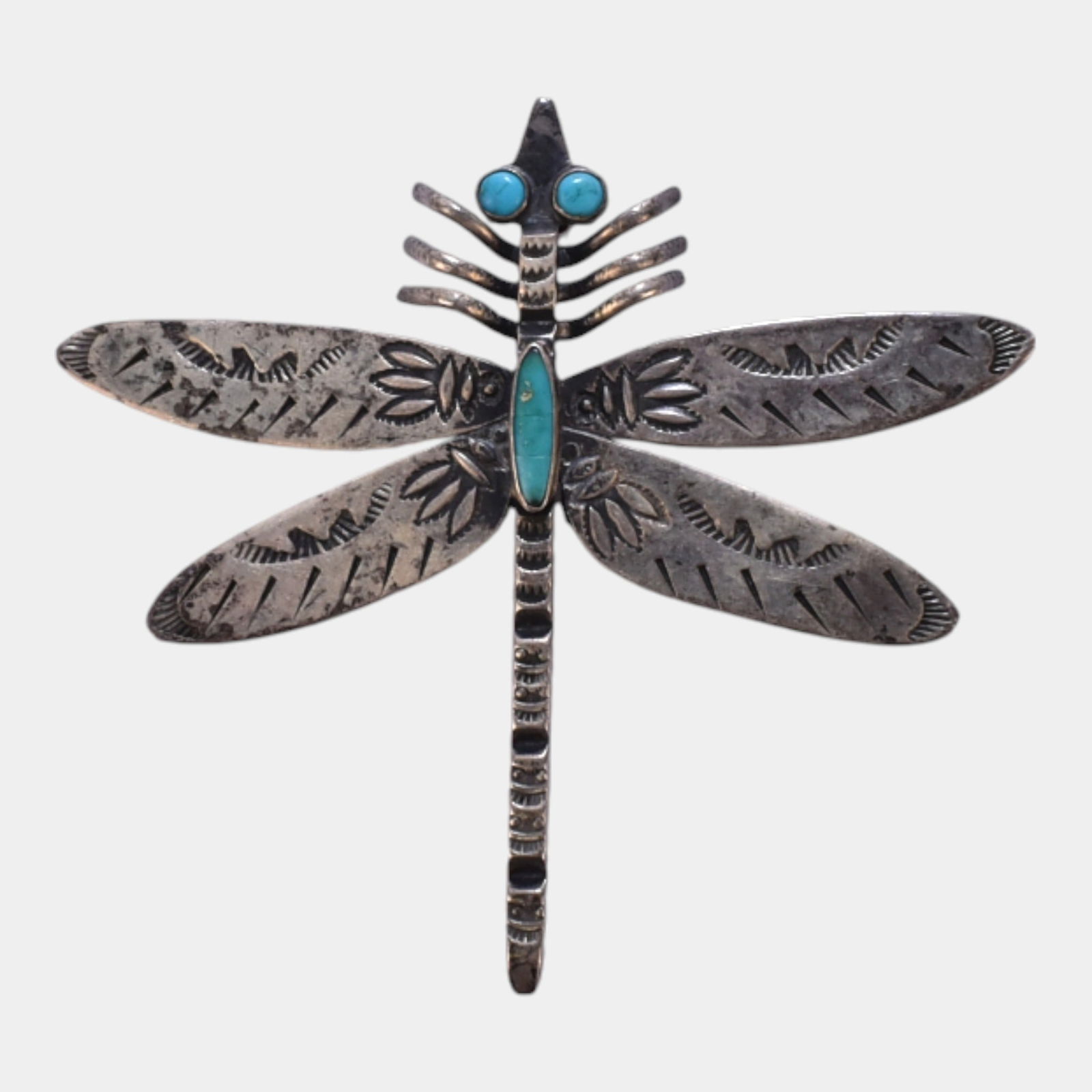 Native American Mid Century Sterling Silver Turquoise Dragonfly Brooch (1 of 4)