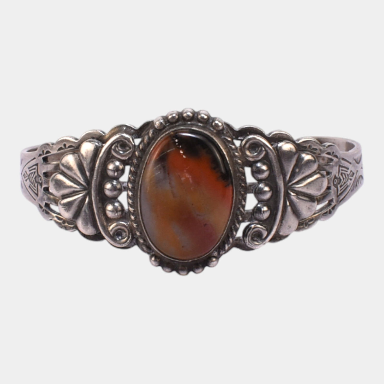 Native American Sterling Silver Mid Century Agate Cabochon Cuff Bracelet (1 of 4)