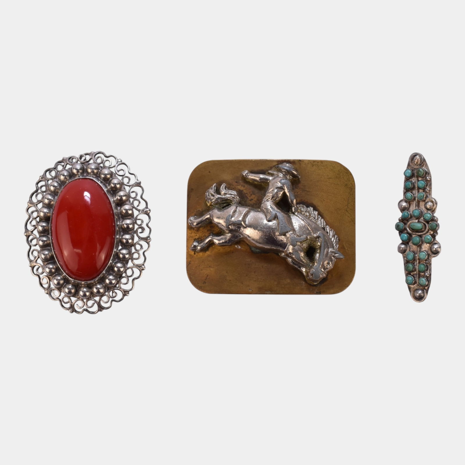 Sterling Silver Mid Century Brooches & Vintage Brass Bucking Bronco Belt Buckle (1 of 6)