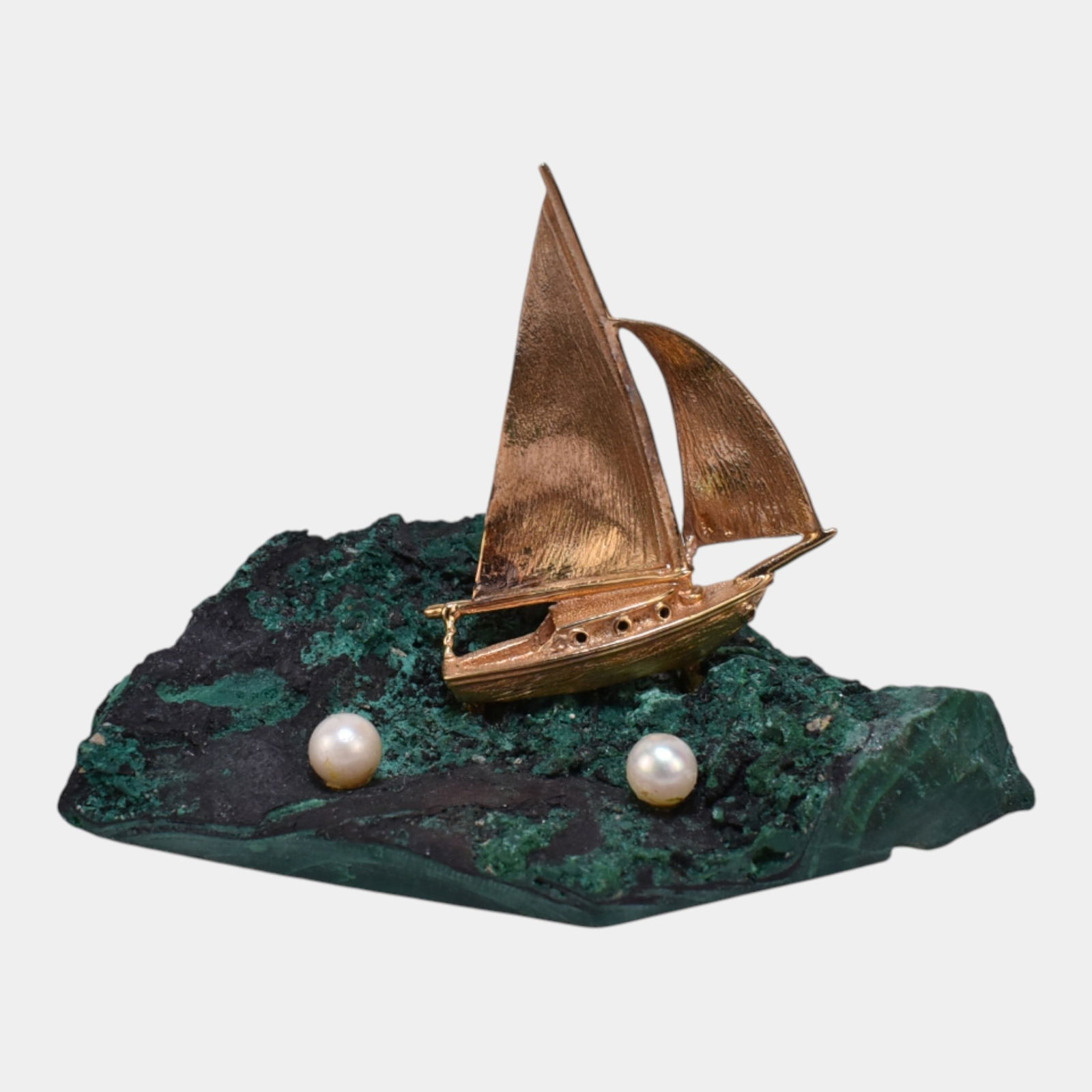 14K Solid Gold Sailboat With Pearl Rocks On Green Malachite Base Paperweight (1 of 6)