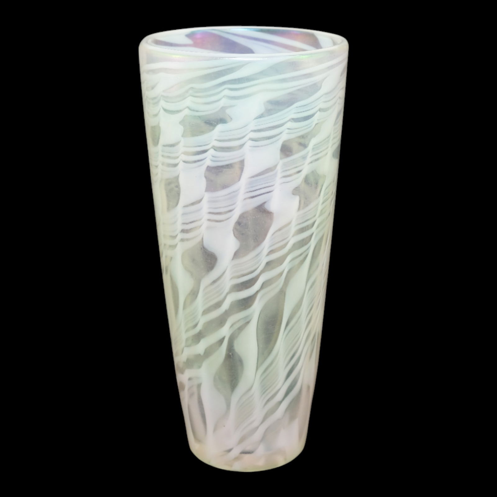 Lundberg Studio Art Glass White Opal Moire Art Deco Cylindrical Flared Form Vase: Lundberg Studio Art Glass White Opal Moire Art Deco Cylindrical Flared Form Vase Luminously elegant and fluidly modern, this contemporary Lundberg Studios vase features a tall cylindrical form etched
