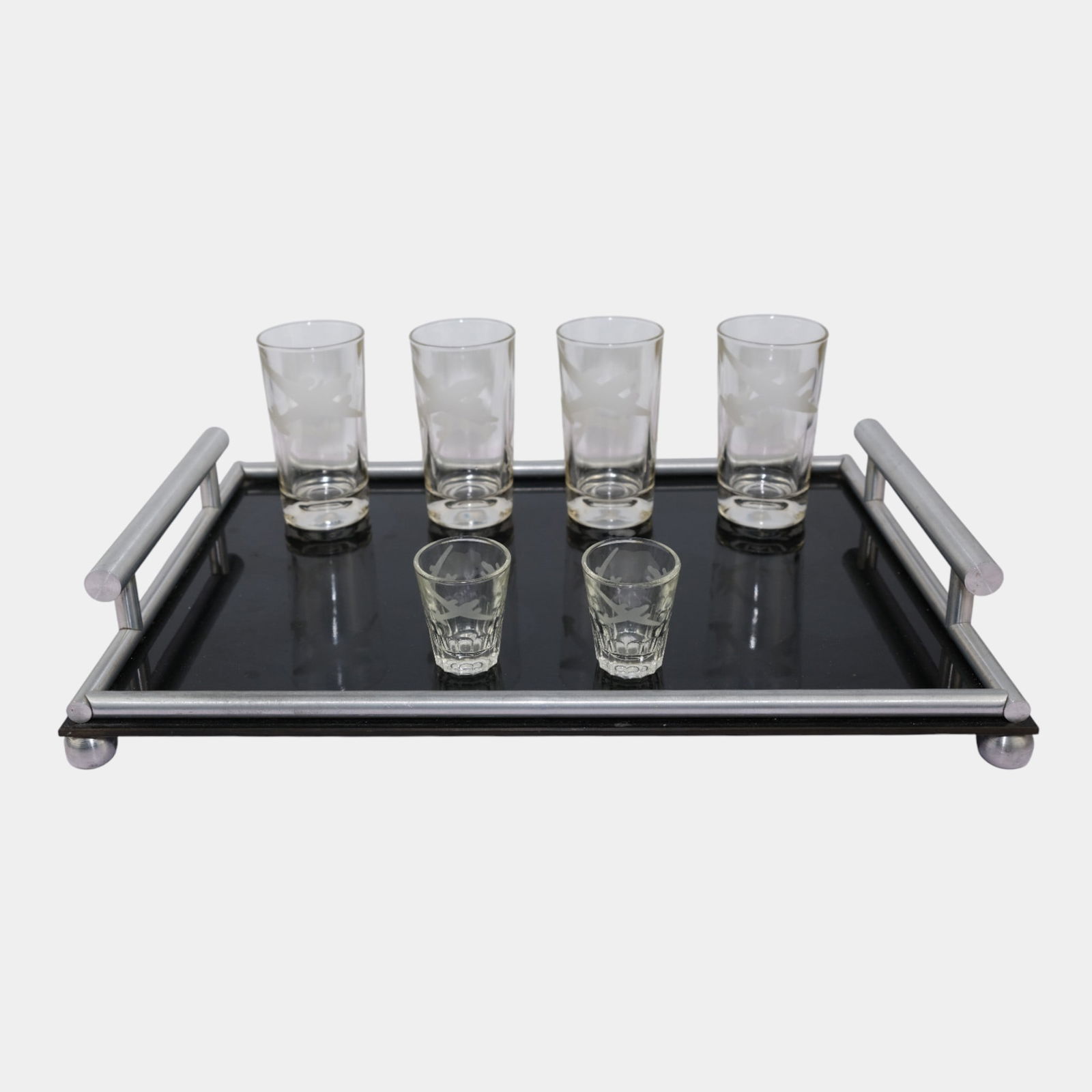 Frantz Industries Aero Art Machine Age Cocktail Tray and Six Etched Glasses: Frantz Industries Aero Art Machine Age Cocktail Tray and Six Etched Glasses Frantz Industries Manufacturing created a line of Douglas Aircraft Co. Cocktail Bar Carts called Aero Art Products specifica