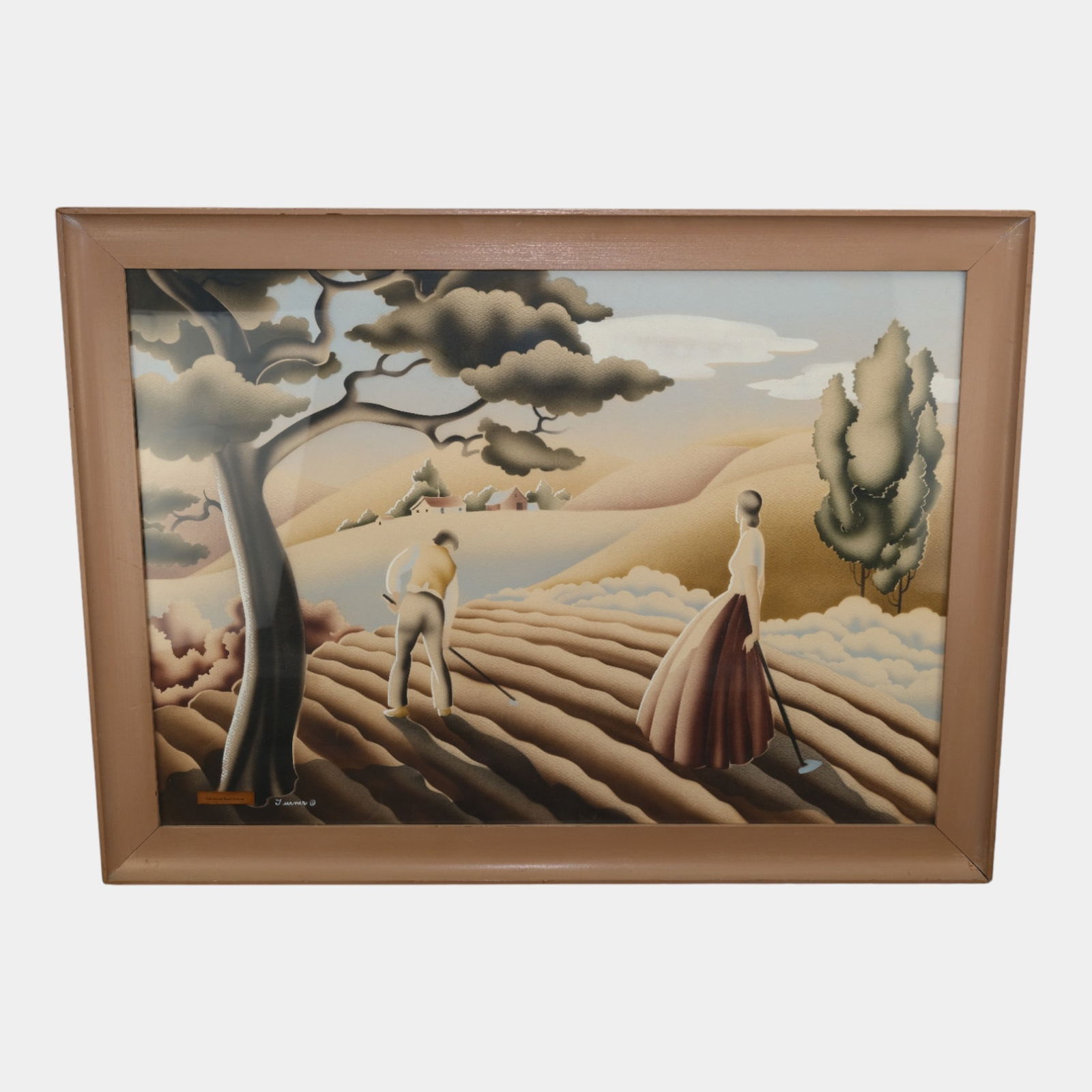 Turner Mfg. Co. Mid Century Landscape Farming Couple Airbrushed Wall Art: Turner Mfg. Co. Mid Century Landscape Farming Couple Airbrushed Wall Art Stylized and softly surreal, this Mid-Century Modern wall art depicts a farming couple in a rolling landscape, rendered in smoo