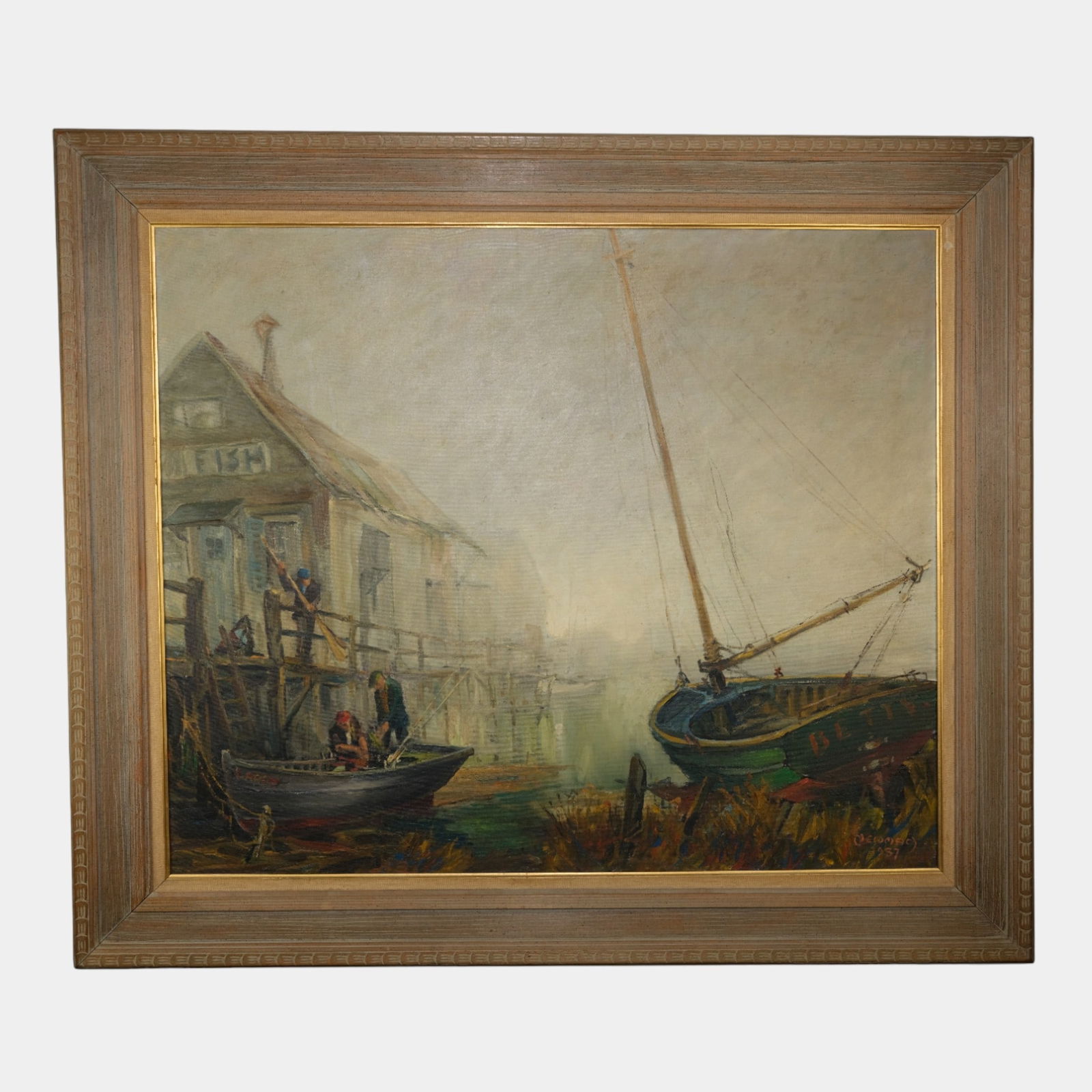 Spencer Newman (American 1895-1969) "High Expectations" Oil On Canvas Painting: Spencer Newman (American 1895-1969) "High Expectations" Oil On Canvas Painting Atmospherically moody and finely composed, this American Impressionist oil painting depicts boats at dock in a mist-laden