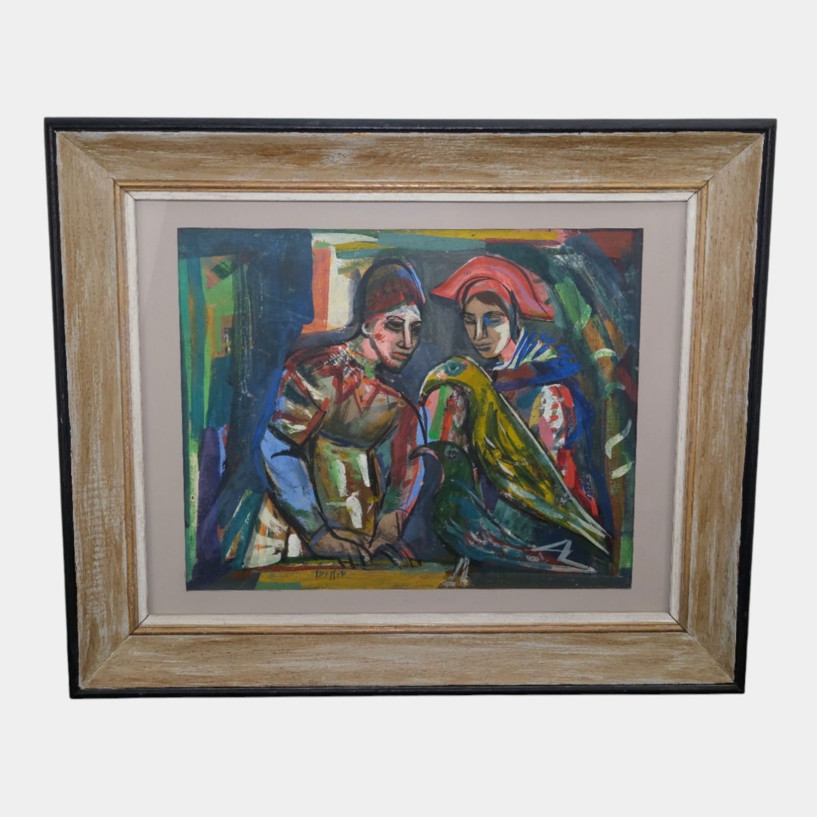 Josef Presser (American 1907-1967) "Sorcerers" Gouache Watercolor Framed Painting: Josef Presser (American 1907-1967) "Sorcerers" Gouache Watercolor Framed Painting Boldly expressionistic and emotionally charged, this modernist gouache watercolor presents two enigmatic figures in fr