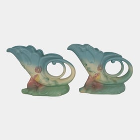 Hull Pottery Bow Knot Blue Floral Cornucopia Vases B-5-7 1/2