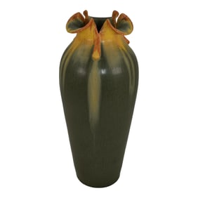 Ephraim Faience 2007 Hand Made Pottery Matte Green Wild Morning Glory Vase 409