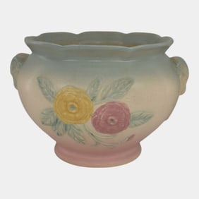Hull Pottery Open Rose Pink Blue Jardiniere Planter 114-8
