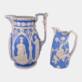 English 1852 White Blue Jasperware Parian Pitchers