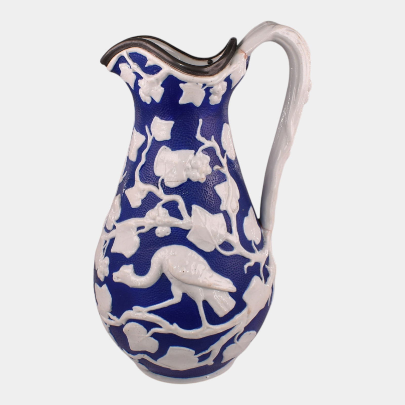 Minton 1849 White Blue Jasperware Birds And Ivy Pitcher: Professional, fast, and affordable in house shipping available for all items. Minton 1849 White Blue Jasperware Birds And Ivy Pitcher Striking Parian ware pitcher dated 1849, featuring bold cobalt bl