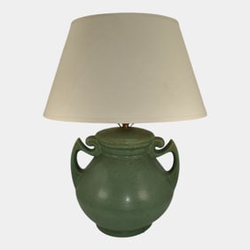 Red Wing Art Pottery Matte Green Rumrill Handled Ceramic Lamp