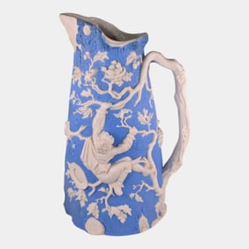 TJ & J Mayer Antique White Blue Parian Ware Boy With Birds Nest Pitcher