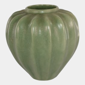Vintage Art Pottery Matte Green Melon Shaped Vase