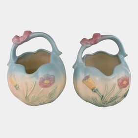 Hull Vintage Art Pottery Blue Bow Knot Baskets B25-6