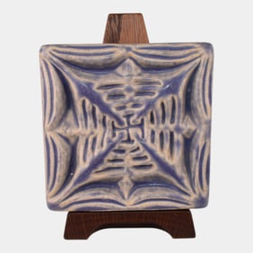 Pewabic Pottery Blue White Spiderweb Ceramic Tile Ephraim Oak Stand