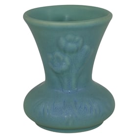 Van Briggle Pottery 1990s Matte Blue Floral Flaring Rim Vase (Hartley)