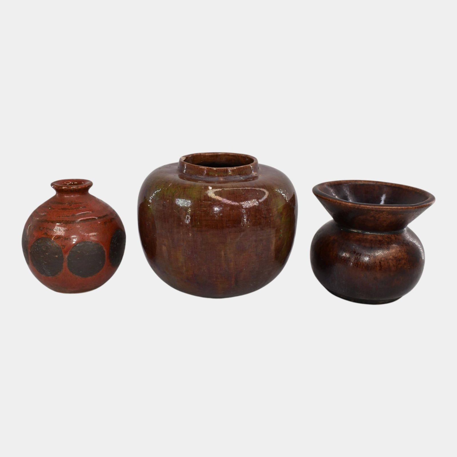 Vintage Art Pottery Brown Earth Tone Vases: Professional, fast, and affordable in house shipping available for all items. Vintage Art Pottery Brown Earth Tone Vases Age related wear. Damage as shown. Bottoms marked as shown. Tallest vase is 5"