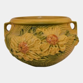 Roseville Peony Yellow 1942 Pottery Hanging Basket Planter 467-5