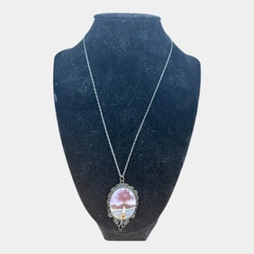 Carved Shell Scenic Cameo Pendant with Sailboat and Volcano