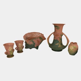 Roseville Water Lily Iris White Rose Pink Vintage Art Pottery Vases