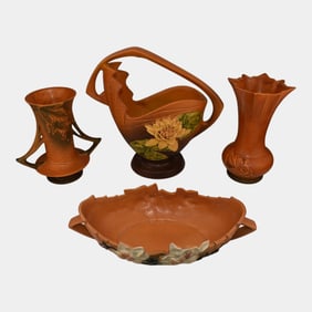 Roseville Water Lily Magnolia Bushberry Silhouette Brown Vintage Pottery Vases