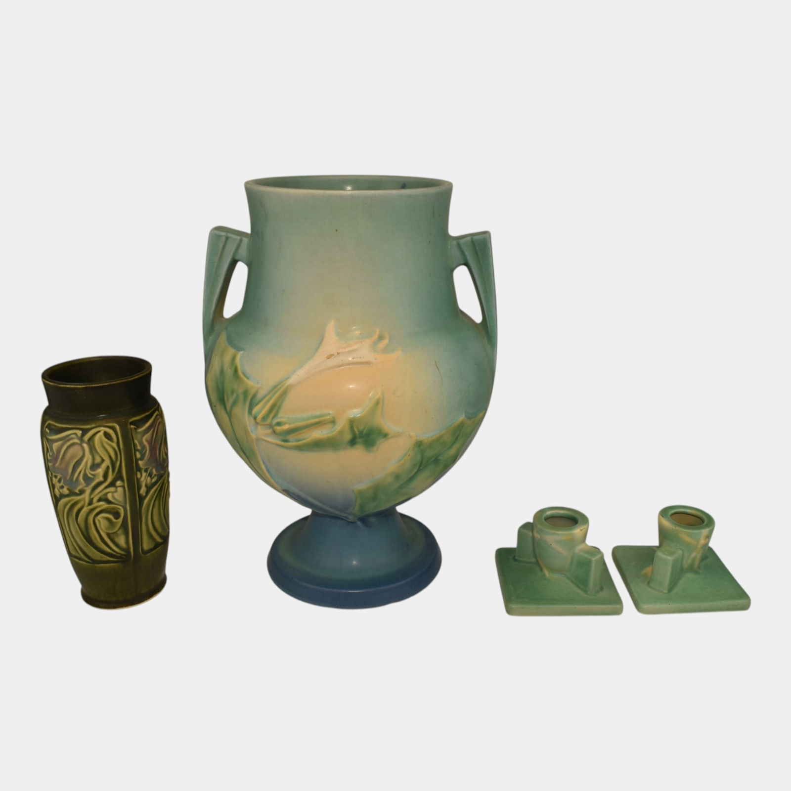 Roseville Thornapple Dawn Rosecraft Blue Green Vintage Pottery Vases (1 of 12)