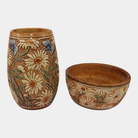 Weller Selma Knifewood Vintage Pottery Ceramic Vase And Bowl