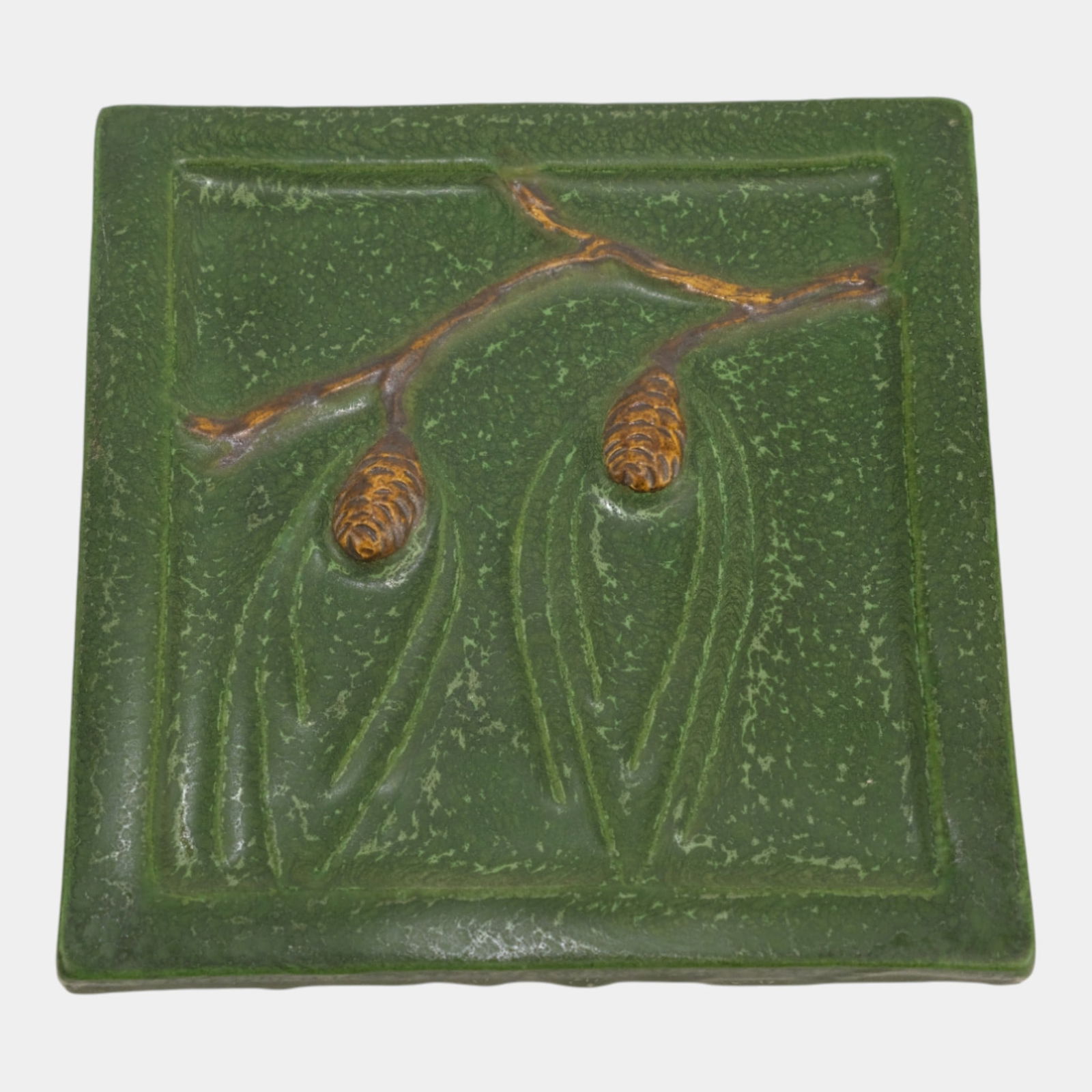 Ephraim Faience 2003 Arts And Crafts Green Northwoods Pinecone Art Pottery Tile (1 of 2)