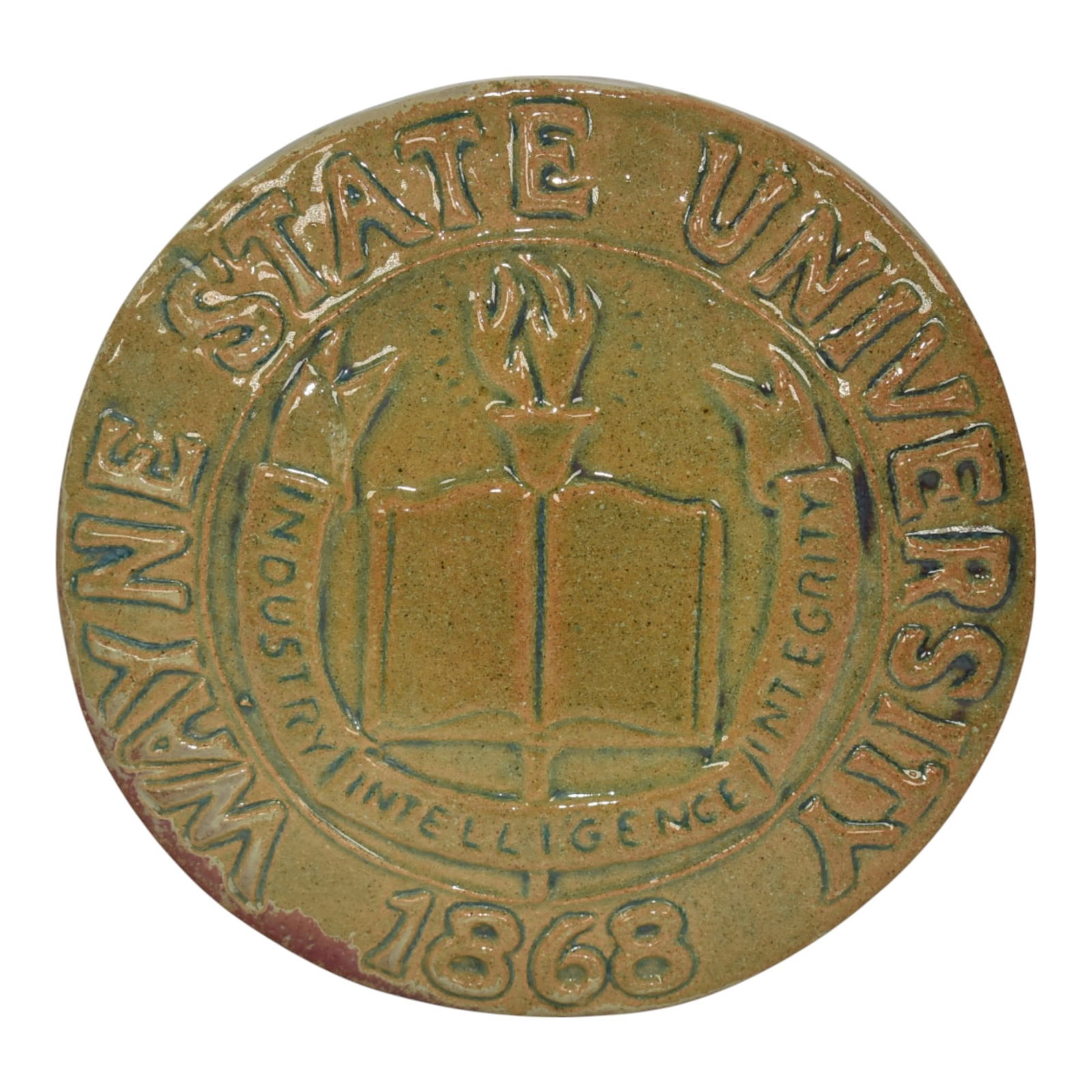 Pewabic 1950s Art Pottery Iridescent Wayne State University Coat Of Arms Plaque (1 of 6)
