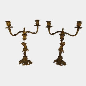 Antique Ornate Gilt Bronze Double Arm Cherub Post Candelabras