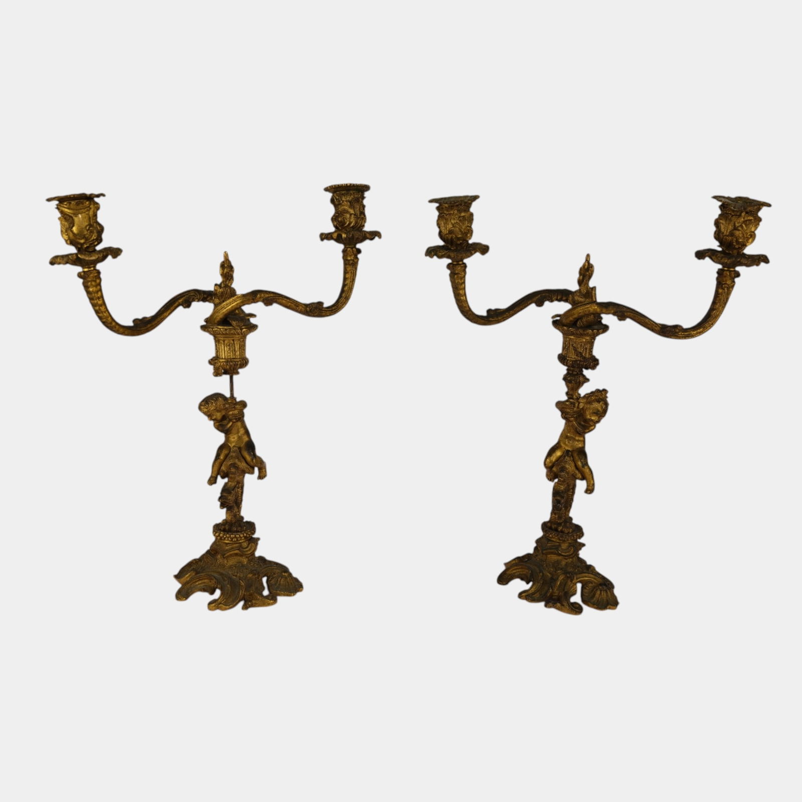 Antique Ornate Gilt Bronze Double Arm Cherub Post Candelabras (1 of 8)