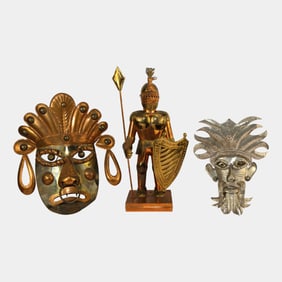 Vintage Metal Folk Art Masks And Knight In Suit Of Armor Figure
