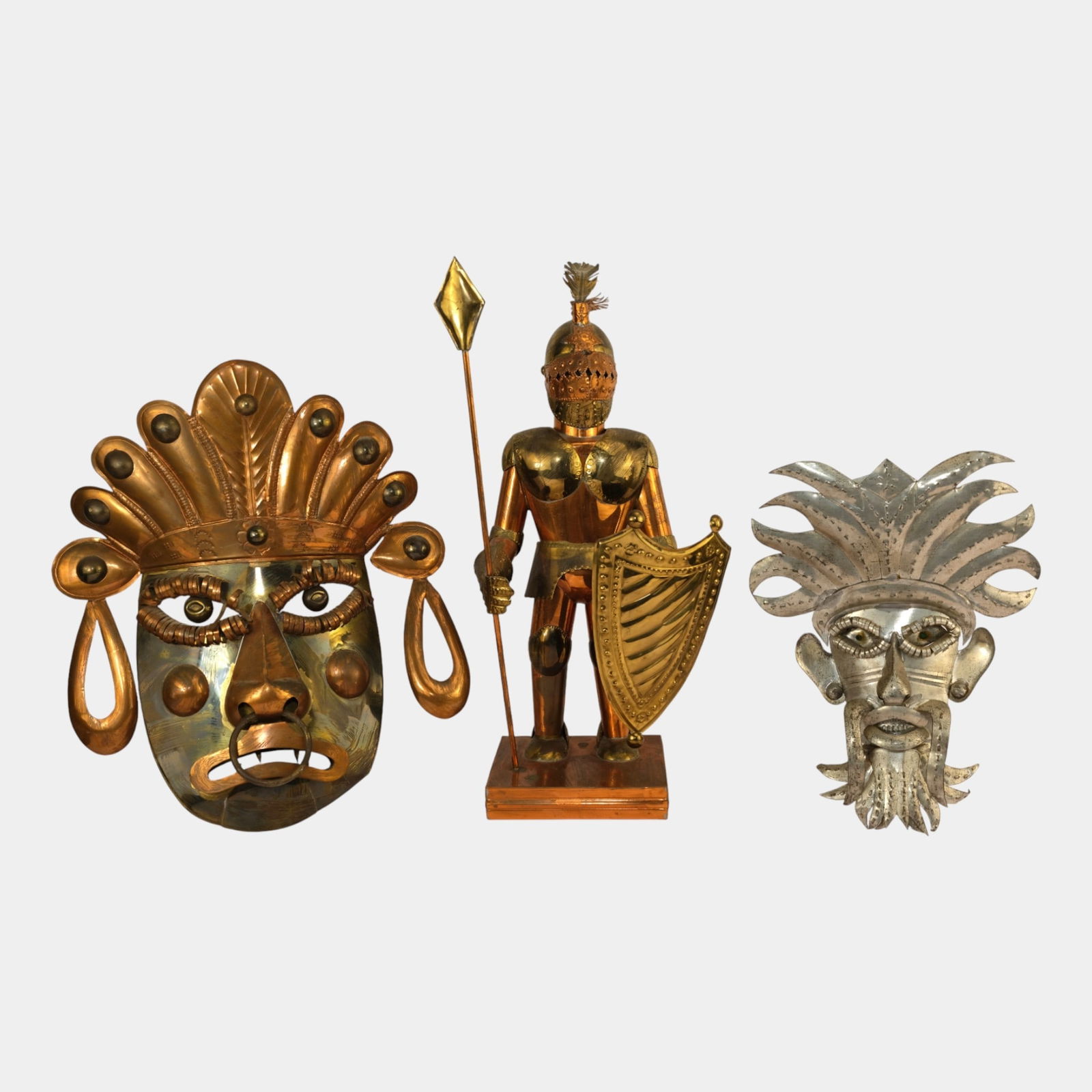 Vintage Metal Folk Art Masks And Knight In Suit Of Armor Figure (1 of 2)