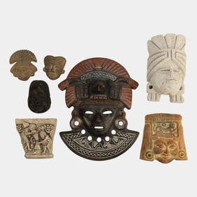 Aztek, Mayan, Japanese Ethnic Folk Art Stone Masks And Carving