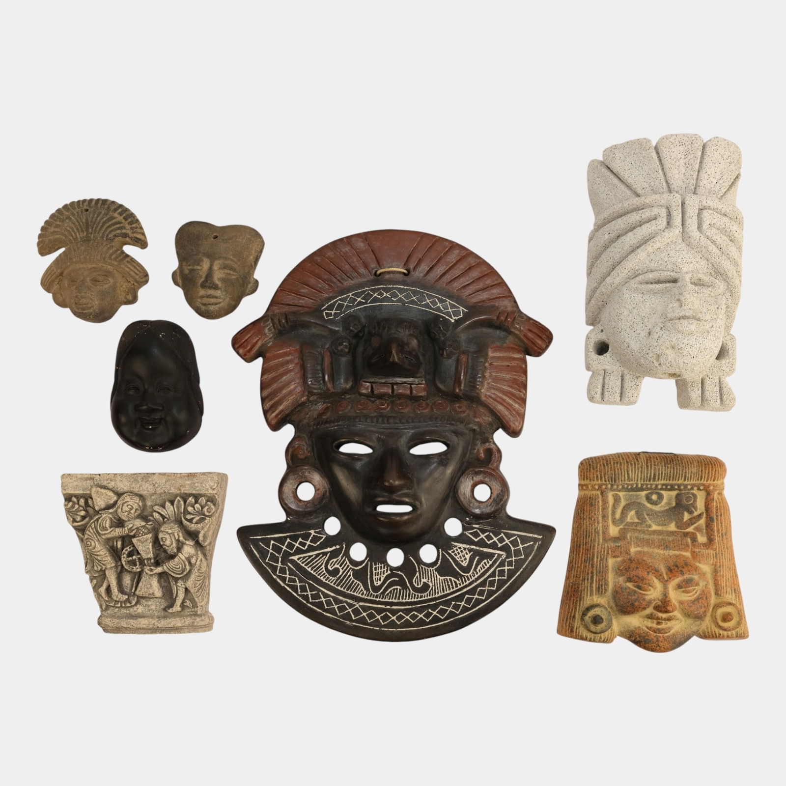 Aztek, Mayan, Japanese Ethnic Folk Art Stone Masks And Carving: Professional, fast, and affordable in house shipping available for all items. Aztek, Mayan, Japanese Ethnic Folk Art Stone Masks And Carving Collection of 7 Pre-Columbian style artifacts including ca