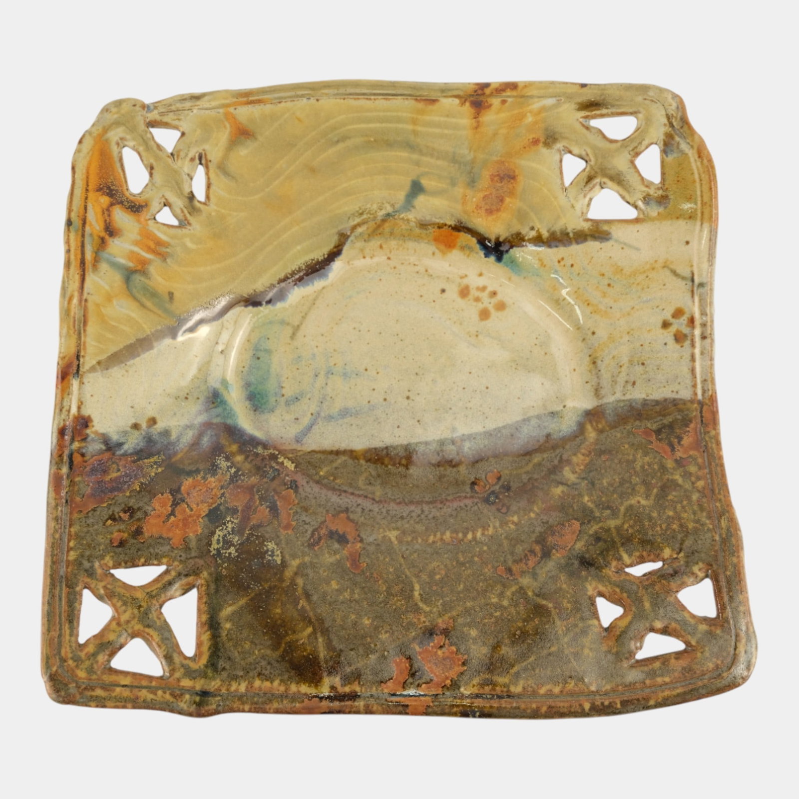 John Glick (1938-2017) Plum Tree Pottery Reticulated Four Corner Square Plate (1 of 3)