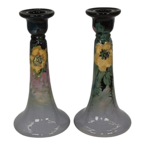 Weller Eocean Pottery Yellow Rose Ceramic Candle Holders