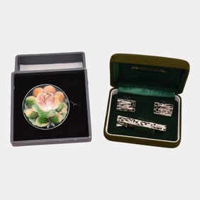 Honda Motor Co Silvertone Cuff Links & Tie Clip WIth Japanese Cloisonne Brooch