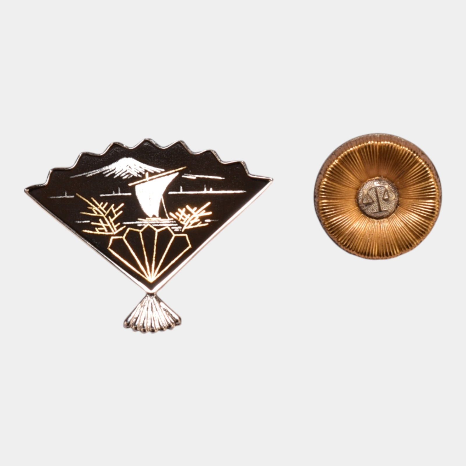 Japanese Silver Damascene Fan Shaped Brooch With Japanese Lawyer Badge Pin (1 of 4)