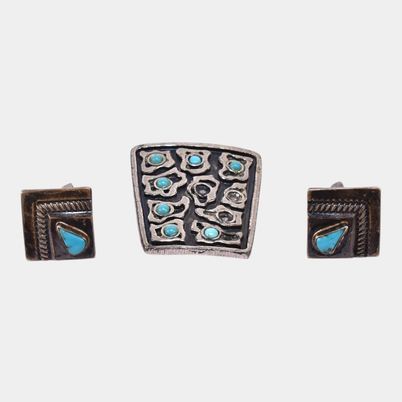 Sterling Silver Southwestern Turquoise Cuff Links And Silver-Tone Bolo Tie Slide (1 of 4)