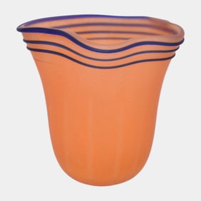 Vintage Art Deco Orange And Cobalt Blue Wrapped Rim Art Glass Vase